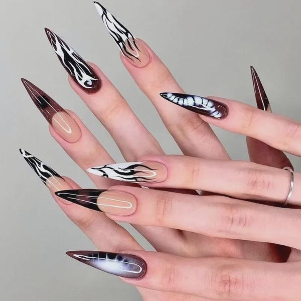3D Halloween Fake Nails Long Stiletto Tips Gradient Brown White Lines Faux Ongles Press on False Nail Supplies Party Nails