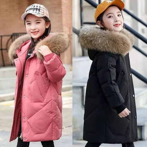 New Year Teenager Winter Girls Jacket Keep Warm Fur Collar Princess Long Coat Solid Color Hooded Zipper Outerwear Christmas Kids Clothes