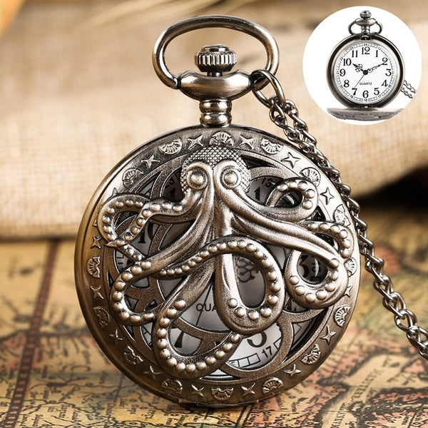 Unique Creux Poulpe Couverture Hommes Femmes Analogique Quartz Montre De Poche Collier Chaîne Cadeau