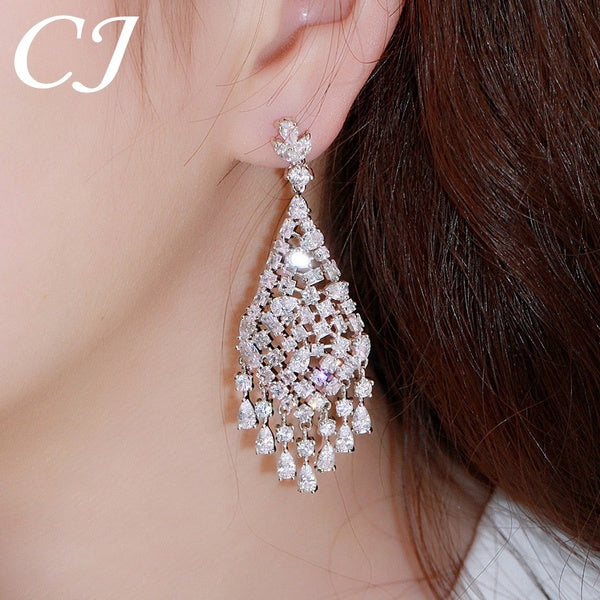 Candice Brilliant Cubic Zirconia White Gold Plated Engagement Tassel Long Pendant Rhombus Earrings for Women Luxury Jewelry Wedding Accessories Matron Inn