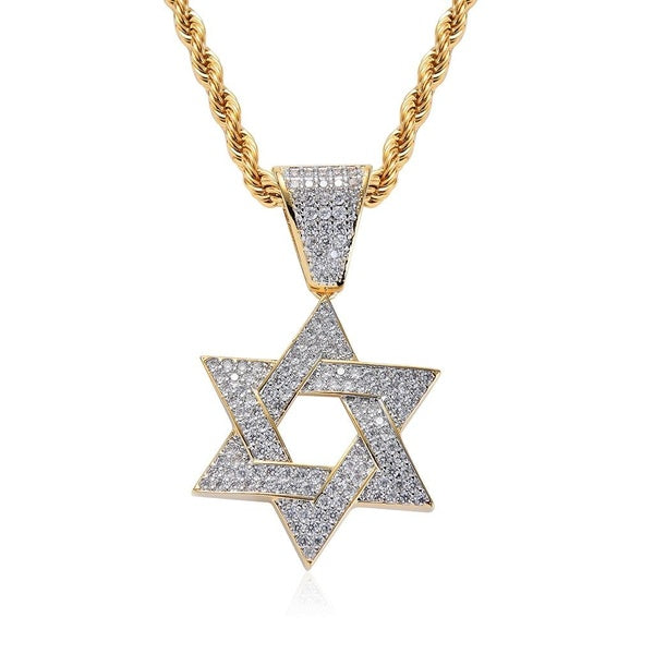 Star of David Hip Hop Jewelry Iced Out Bling Pendant Necklace Gold Filled Micropave CZ Zircon Diamonds with 24inch Rope Chain Rapper Accessories Gift Matron Inn