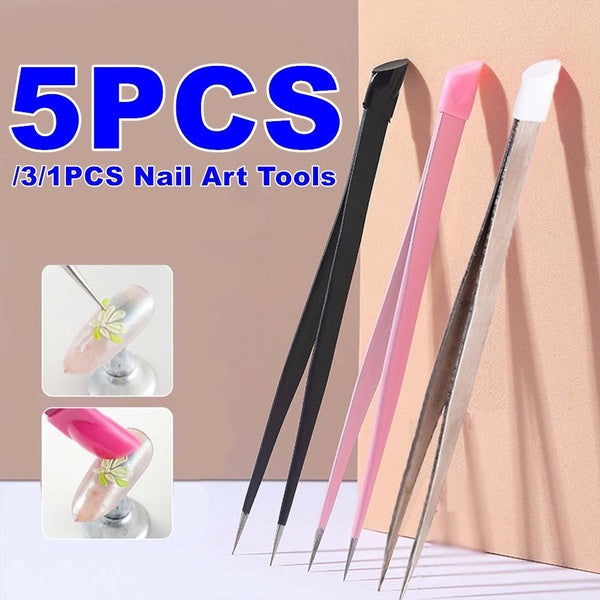 5-3-1pcs Double Ended Silicone Nail Art Tweezers with Pressing Head Nail Stickers Rhinestones Pick Up Clip Picker Stainless Steel Nail Art Tool