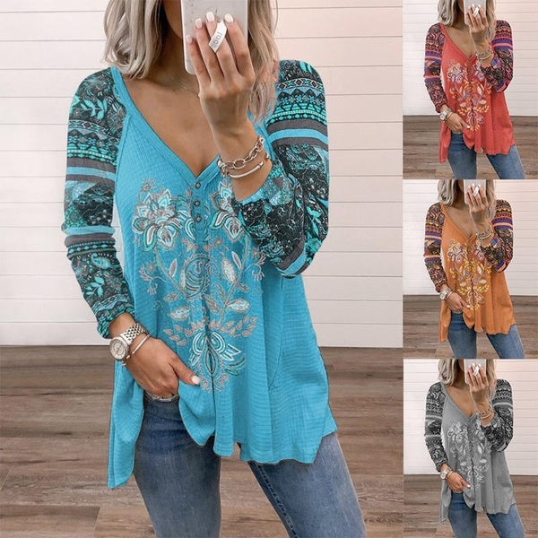 Women's V-neck Floral Printed Long Sleeve Casual Comfortable Blouses Loose Shirts Plus Size S-5XL