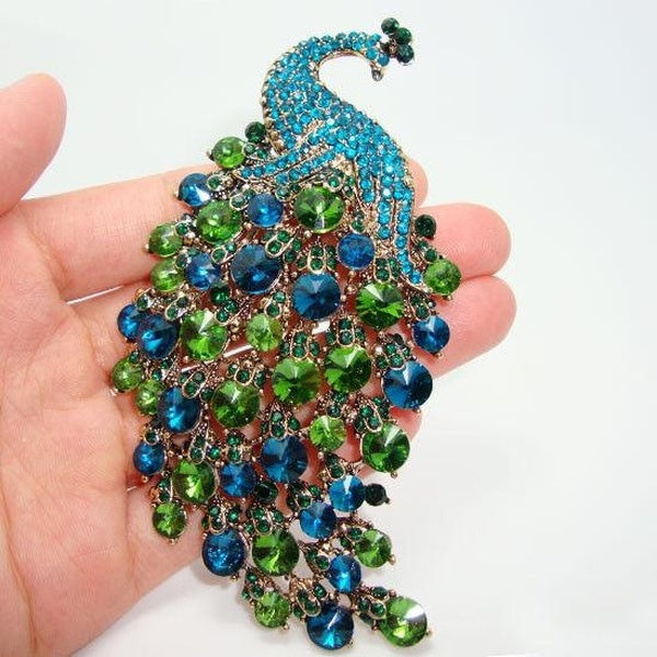 Broche Art Nouveau Paon Pins Style Vintage Pendentif Strass Cristal Vert