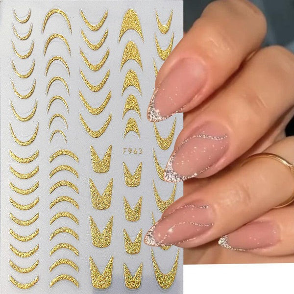 French Tips Stickers For Nails Silver Gold Stripes Geometric Wave Swirl Line Design Nail Art Adhesive Sliders For Manicure Decor