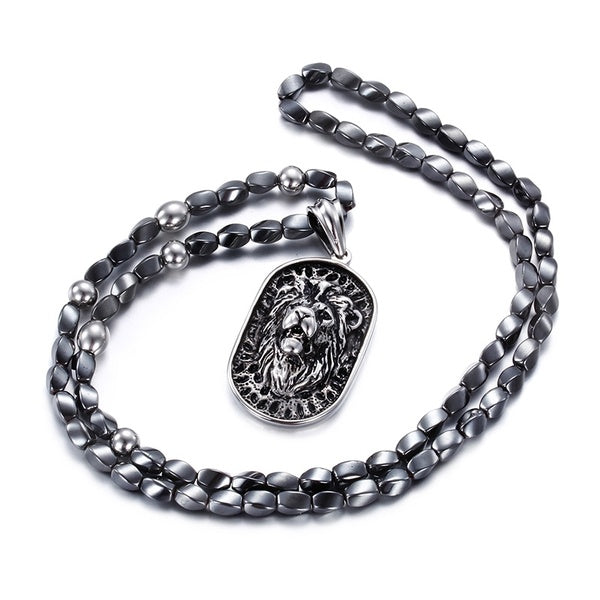 2016 brand new jewelry 102 g weight black Health Hematite Ball Chain Stainless Steel Biker Lion Tag Pendant Men Necklace 28''