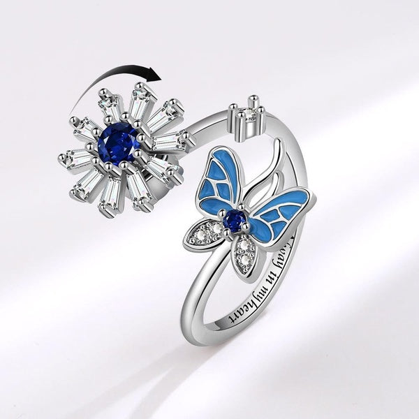 Creative Butterfly Flower Rotating Ring Femme Saphir Strass Rotation Ring Anti-Anxiety Spinner Ring Ins Réglable Open Ins Party Ring