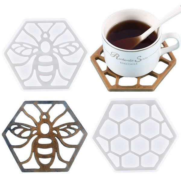 2pcs-set DIY Hexagon Hollow Bee and Honeycomb Shape Coaster Resin Molds Crystal Silicone Moulds for Epoxy Resin Handmade Home Kitchen Decorations Cra
