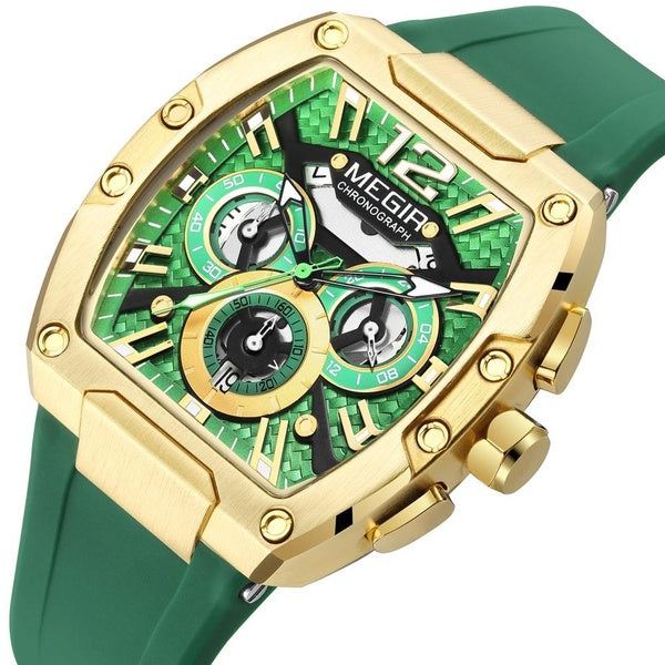 MEGIR montre de Sport décontractée pour hommes mode étanche chronographe montre-bracelet à Quartz avec aiguilles lumineuses bracelet en Silicone vert