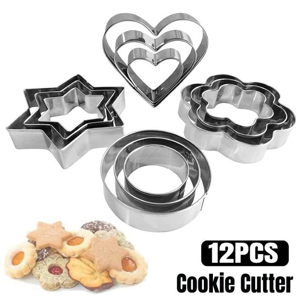 12 Pieces Metal Cookie Cutters Set - Heart Star Round Flower Shape Cookie Cutter Stainless Steel for Kitchen Baking Spring Easter