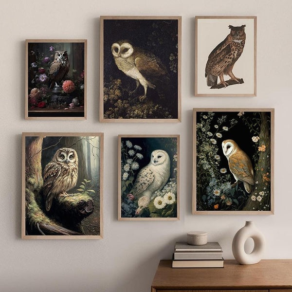 Owl Antique Oil Painting Canvas Poster Witchy Botanical Artwork Prints Black Moody Dark Aesthetic Wall Decoration Pictures No Frame