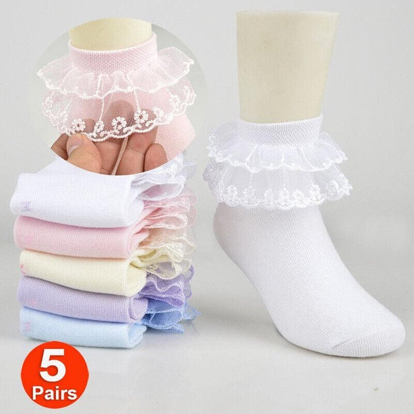 5Pair Girls Lace Ruffle Frilly Ankle Socks Baby Toddler Kids School Dance Socks