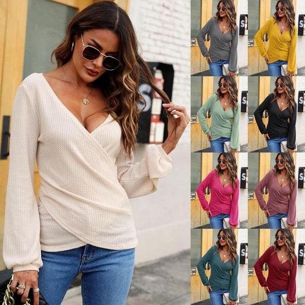 Women's Fashion Casual V-neck Long Sleeve Waffle Pattern Blouses Autumn Winter Knitted Tops Ladies Loose T-shirts