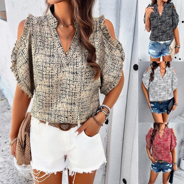 Women's Fashion Casual V-neck Short Sleeve T-shirt Ladies Off Shoulder Blouses Loose Tops