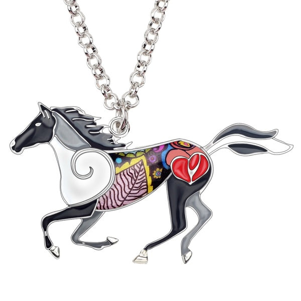 Enamel Alloy Floral Running Horse Necklace Animal Chain Collar Choker Jewelry for Women Girls Kids Gift Decoration Accessory Pendant