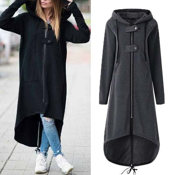 Oversize Women Hooded Long Sleeve Zip-up Asymmetric Hem Long Hoodie Coat Jacket Outwear