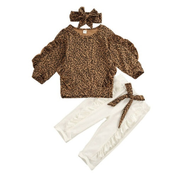 Infant Baby Girl Clothes Long Sleeve Ruffles Leopard Printed Sweatshirt Long Pants 3Pcs Kids Girl Outfits Set