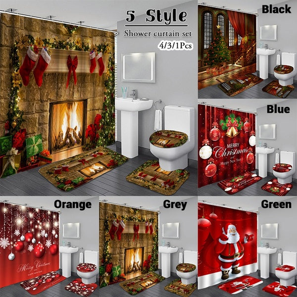 5 Style 3D Christmas Decoration Bathroom Set Christmas Decoration Waterproof Shower Curtain Non-slip Bathroom Seat Cushion + Toilet Cover + Floor Cus
