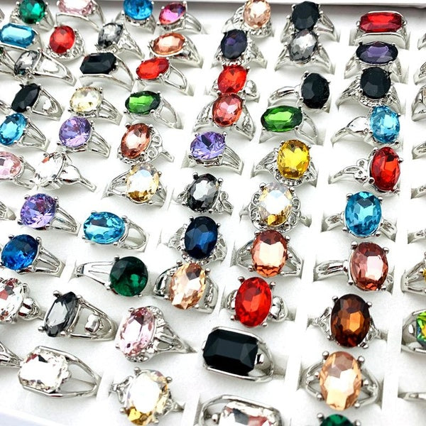 10pcs Silver Color Rings For Women Multicolor Glass Stone Party Jewelry Accessories Matron Inn