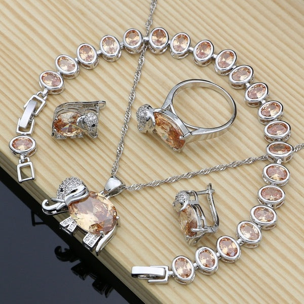 Éléphant 925 ensemble de bijoux en argent sterling Champagne topaze pierre précieuse charme animal pour femme dame