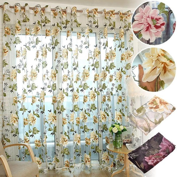 1-2PCS Tulle Curtains, Peony Flower Pattern Semi-Sheer Tulle Curtains Room Divider Curtains For Dining Room, Living Room, Bedroom And Balcony
