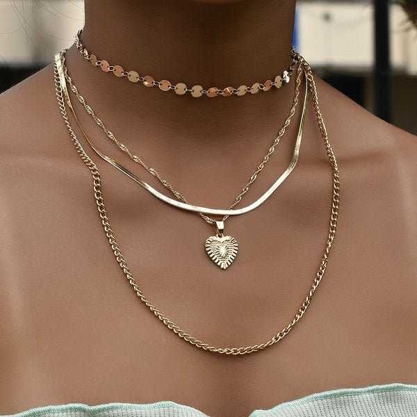 4 Pcs-Set Gold Color Heart Pendant Necklace for Women Sequins Choker Snake Chain Choker Clavicle Necklace Punk Necklace Jewelry