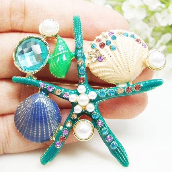 Charmant Pendentif Étoile de Mer Verte Broche Femme Broche Doré Strass Cristal