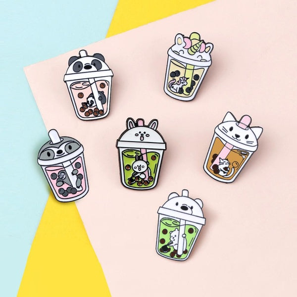 Animals Bubble Tea Enamel Pins Cartoon Milk Tea Brooch Cute Panda Cats Badge for Kids Jackets Backpack Lapel Pin Jewelry Gifts