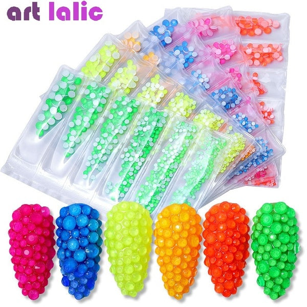 6 Grids Fluorescent Rhinestone Neon Decor Gems Mixed Size Nail Art 3D Diamond Crystal Nails DIY Decorations