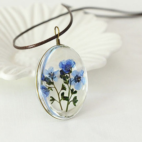 Collier myosotis, collier pendentif vraie fleur'séchée, collier de gemme de temps, collier en cuir PU, bijoux de charme pour femmes, cadeau d'anniver