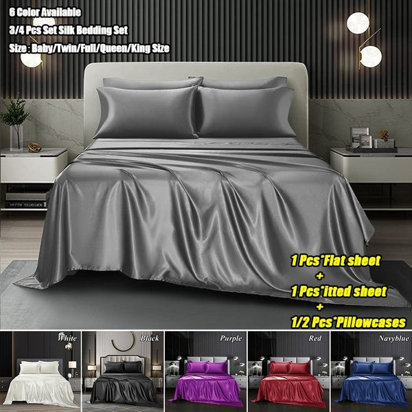 Luxury Satin Silk Bedding Set Soft Silk Sheets 3-4 Pcs Set Bed Sheets Set, 1 Fitted Sheet + 1 Flat Sheet + 1-2 Pillowcase, Baby-Twin-Full-Queen-Kin