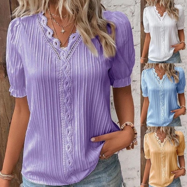 Women's Summer Blouses Fashion Ruffle Sleeves Casual Tops Loose V-neck Lace Short Sleeved T-shirts Plus Size XS-5XL