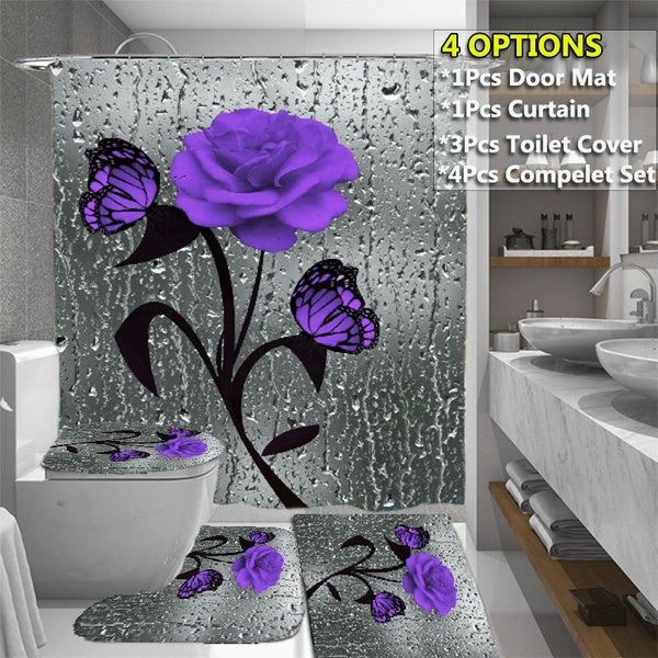 Bathroom Set Purple Rose Waterproof Shower Curtain+ Non Slip Bathroom Pedestal Rug + Toilet Lid Cover + Floor Mat Bath Mat Bathroom Decor