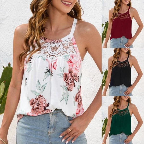 Femmes été dentelle Blouses mode décontracté creux hauts sans manches dames lâche t-shirts col rond chemises grande taille