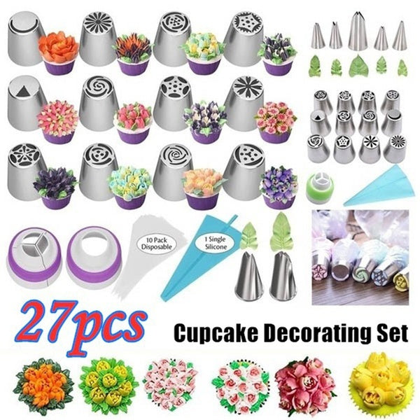5-14-27Pcs Baking Cake Tool Decoration Supplies Set Flower Mouth Leaf Piping Tips Layering Silicone Pen Stainless Steel Nozzle For Cupcake Cookies Bi