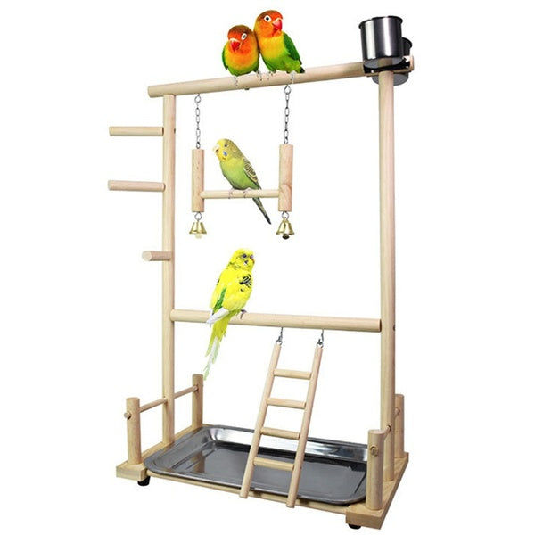 Parrots Play Ground Natural Wooden Parrot Perch Gym Play Stand Parakeet Ladders with Feeder Cups and Toys Exercise Play
