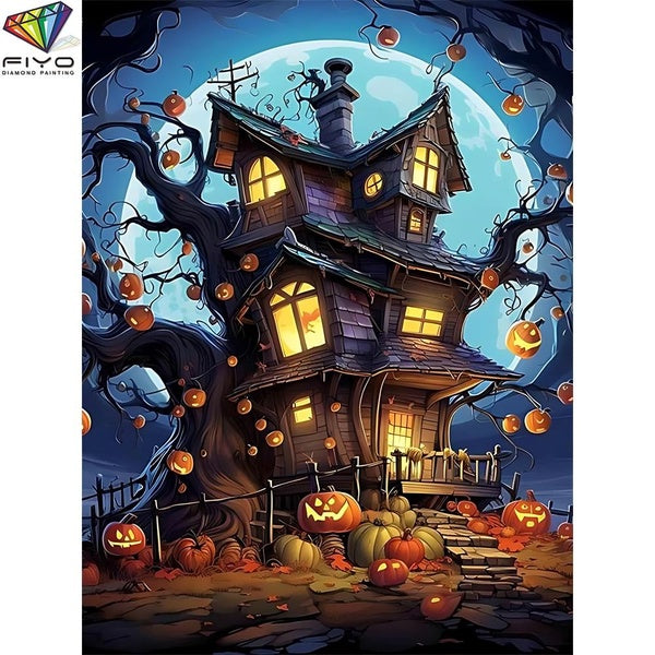 FIYO Halloween Castle DIY 5D Diamond Painting Full Drill with Number Kits Home and Kitchen Fashion Mosaic Diamond Painting Canvas Wall Decoration Gif
