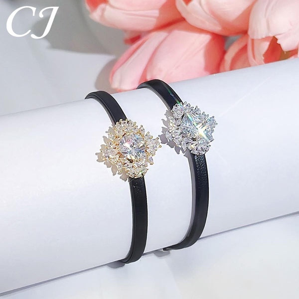 CANDICE Temperament Women Hand Accessories Leather Belt Wrist Strap Bangle Jewelry Paved Sparkling AAA Cubic Zircon Crystal Yellow Gold Platinum Plat Matron Inn