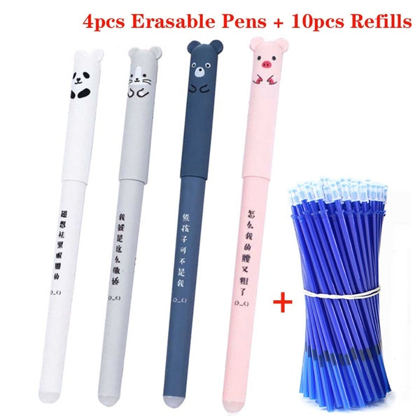 New 4+10Pcs-Set Kawaii Pig Bear Cat Mouse Erasable Gel Pen School Office Writing Supplies Stationery Gift 0.35mm Blue Black Ink