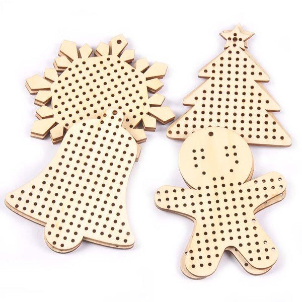 4Pcs Snowflake-Bell-Gingerbread Man Wooden Pendant For Scrapbooking Handmade DIY Cross Stitch Hole Carved Wood Crafts Home Decor MT2663