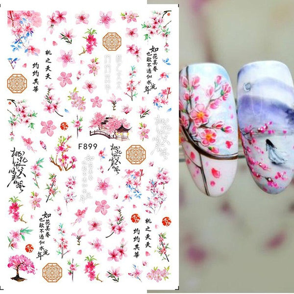 Pink Flower Nail Sticker Peach Blossom Ink Lotus leaf New Year 3D Sliders Manicure Nail Art Decorations Stickers Decals TRF899
