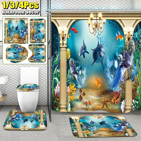 3D Sea World Dolphin Bathroom Decor Shower Curtain Set Waterproof Bath Curtain Toilet Cover Non-Slip Bath Rug Toilet Seat Shower Curtain Sets Bathroo