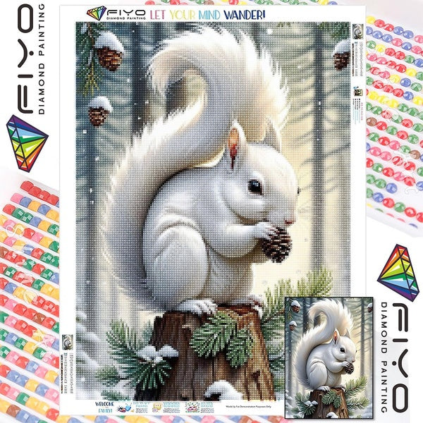 FIYO DIY 5D White Squirrel Diamond Painting Full Drill with Number Kits Home and Kitchen Fashion Mosaic Diamond Painting Canvas Wall Decoration Gift