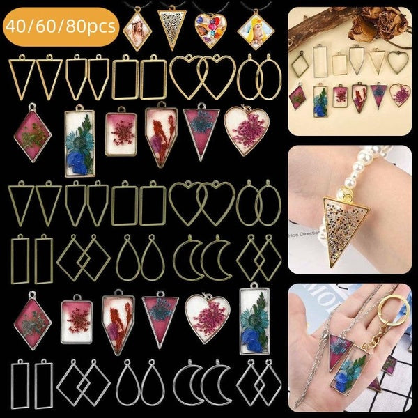 40pcs-60pcs-80pcs Open Bezels for Resin, Hollow Frame Pendants Resin Craft Bezels Assorted Geometric Frame Charms for Resin Casting, Necklaces Earrin