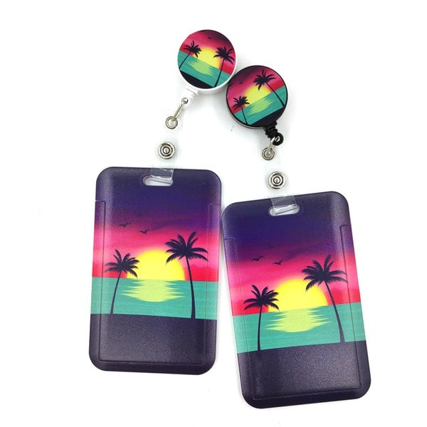 1 pc voile soleil coucher de soleil cocotier ID porte-badge rétractable bobine ID porte-badge pince porte-clés pour carte nominative porte-clés infir