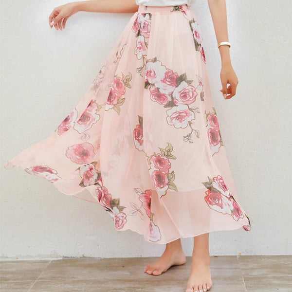 VANGULL Brand Women Summer Skirt Fashion Vintage Bohemia Chiffon Floral Printed Boho Floor-Length Long Maxi Beach Party Loose Flare Skirt