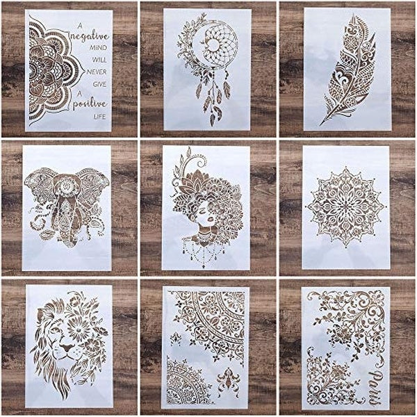 A4 Size DIY Craft Mandala Stencil For Painting Scrapbooking Stamping Stamp Album Paper Card Stencil Template, Pack of 9