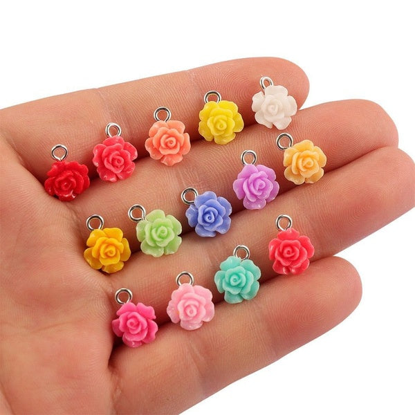 50PCS 10mm Resin Rose Flower Charms With Nail Flat Back Random Colors Pendant Bracelet Jewelry Making Accessory Decor