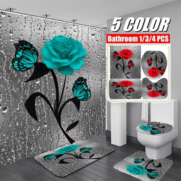 Household Supplies 4-3-1Pcs 3D Rose & Butterfly Bathroom Non-slip Mat Set Waterproof Print Shower Curtain Toilet Lid Cover Bath Mat Rugs Set