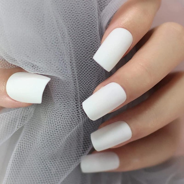 White Matte False Nails 24pcs Frosted Solid Color Square - Coffin Finished Press on Nails for Girls Women Daily Office Finger Wear